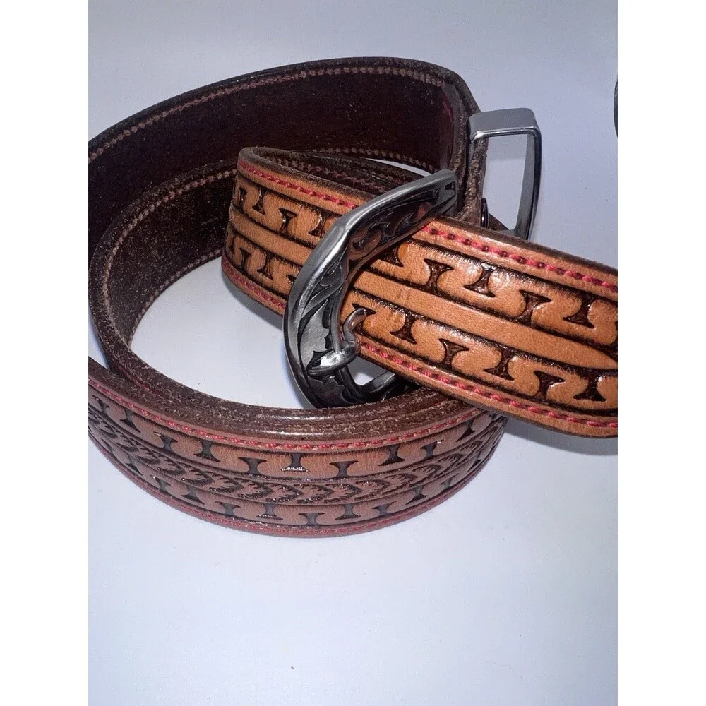 Tandy Tooled Mens Leather Belt Sz 44 Western Brown Floral Silver Tone Rodeo